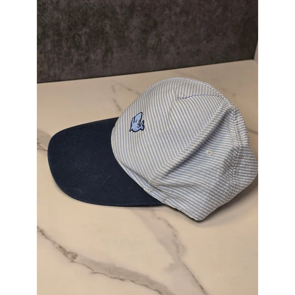Addie & Tate Toddler Seersucker Whale Baseball Cap Blue White Striped Navy Brim